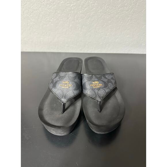 Coach Janice Women 7.5B Black Signature Slip-On Wedge Sandals Preppy Resort Trip - Picture 4 of 10